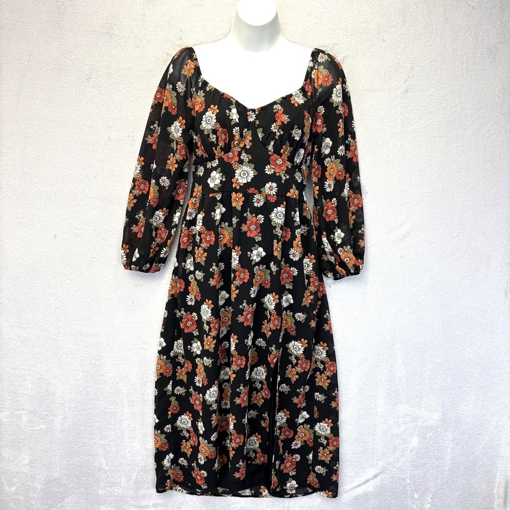Hollister Smocked Babydoll Midi Dress Womens Medium Black Floral Chiffonβ Sheer